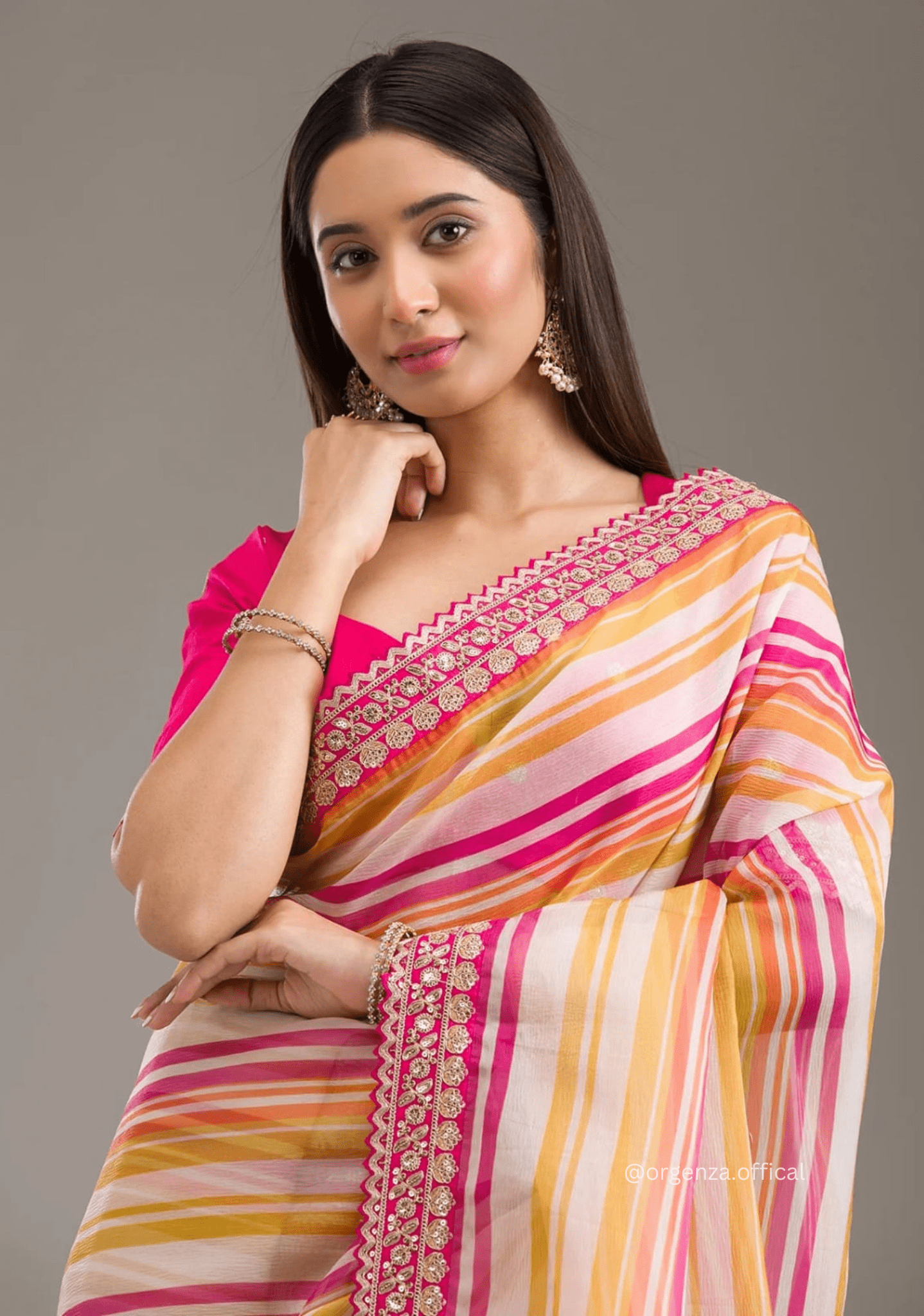 Pink Orange Colour Chinnon Silk Saree With Embroidery Work - Orgenza Store - digisoch