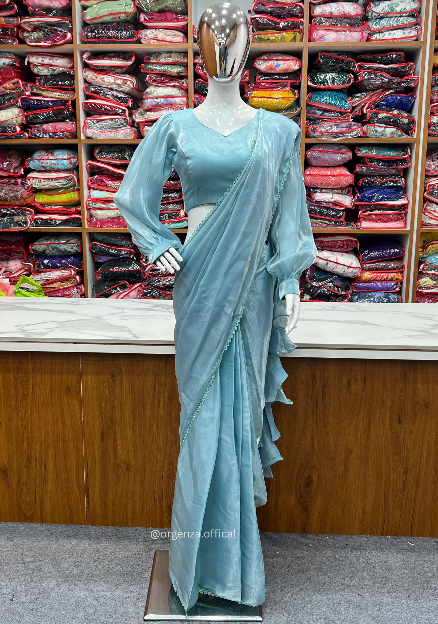 Ready To Wear Sky Colour Jimmy Choo Saree - Orgenza Store