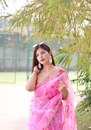Organza Silk Saree With Floral Thread Work - Orgenza Store