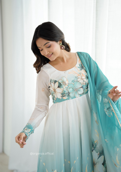 Aqua Blue Colour Organza Anarkali Kurti Set