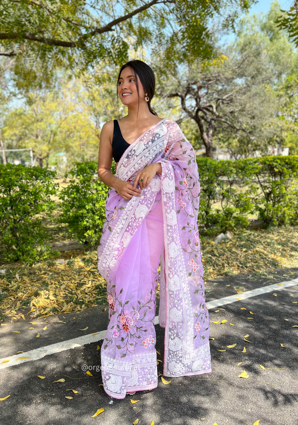 Lavender Color Embroidery Work Pure Organza Silk Saree