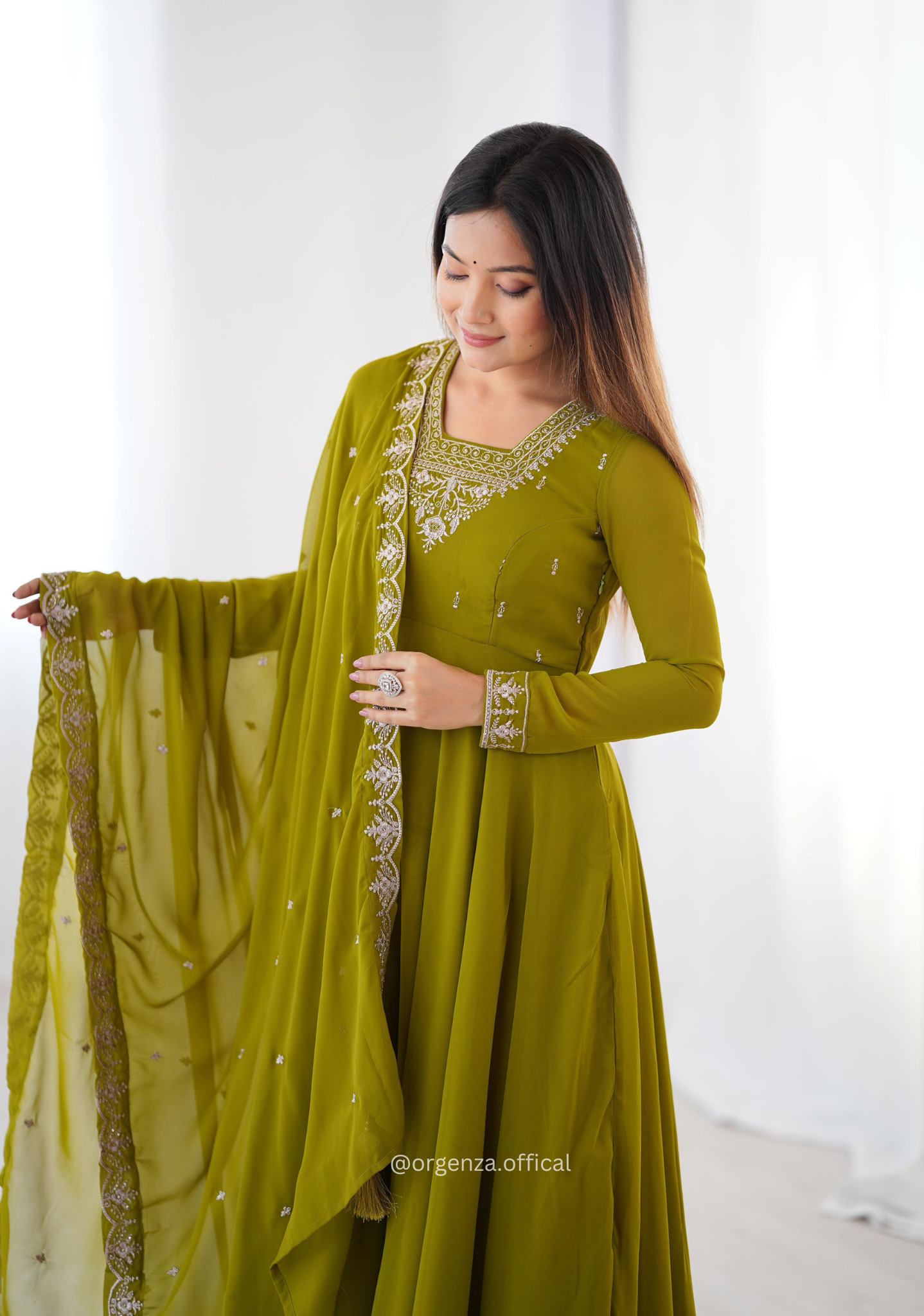Mehndi Green Georgette Anarkali With Dupatta And Pant - Orgenza Store