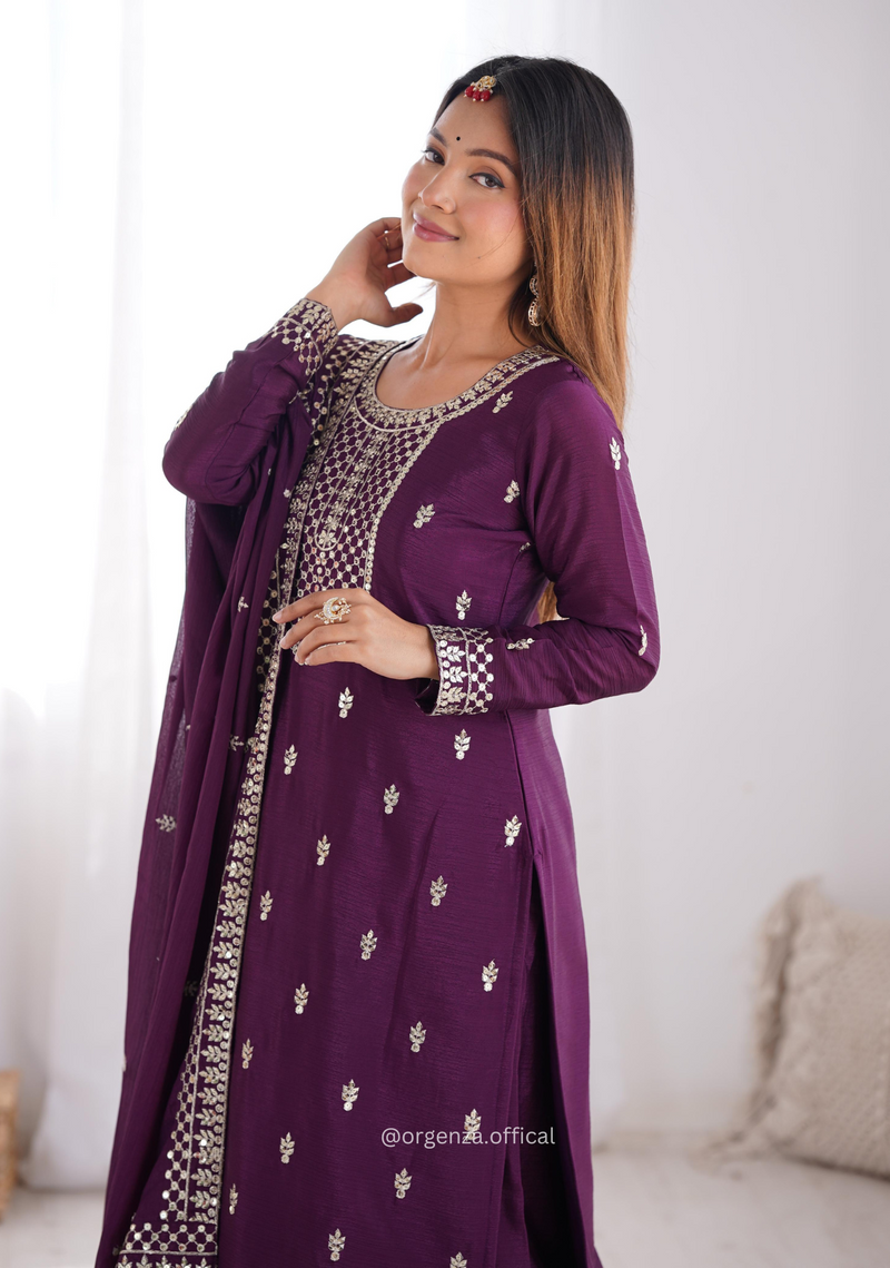 Chinon Silk Fabric Straight Fit Kurta With Dupatta Set