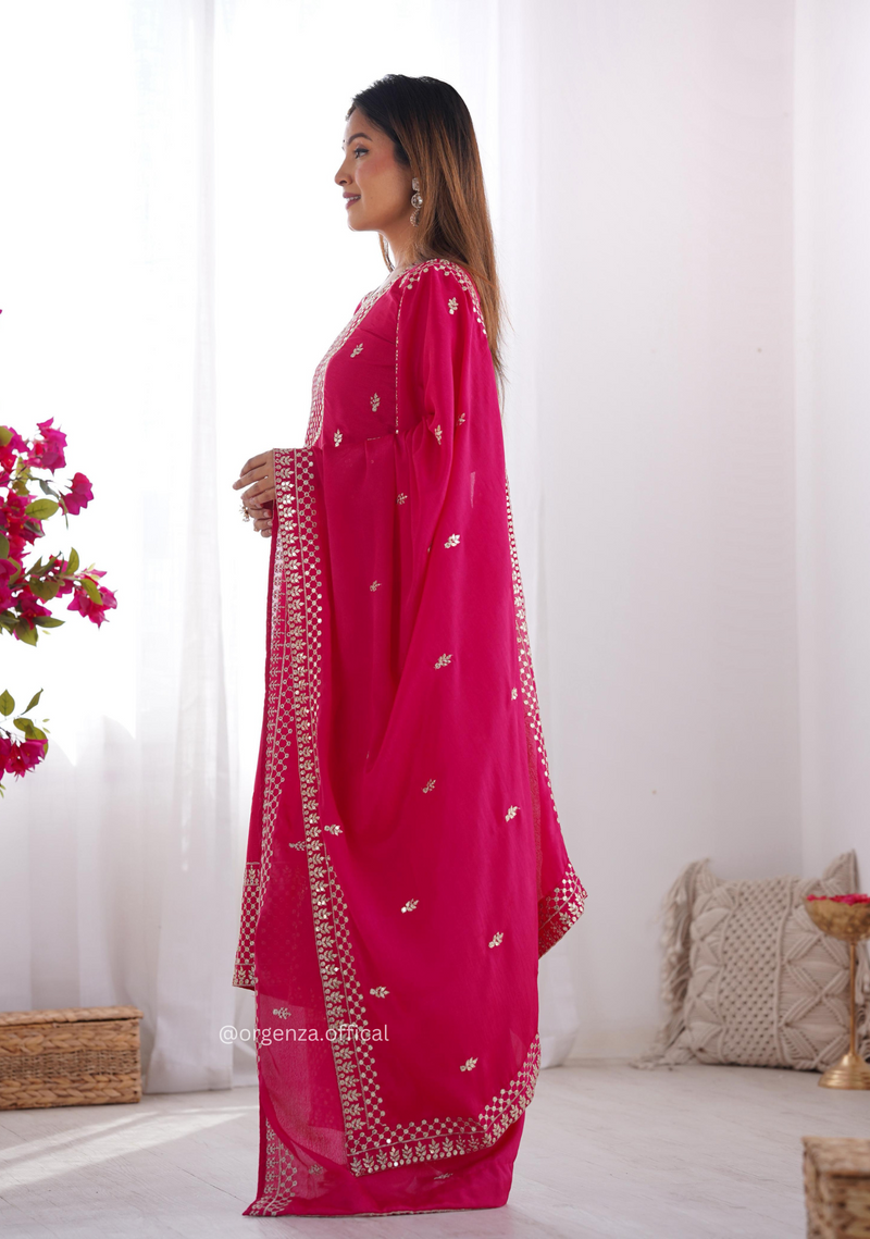 Chinon Silk Fabric Straight Fit Kurta With Dupatta Set