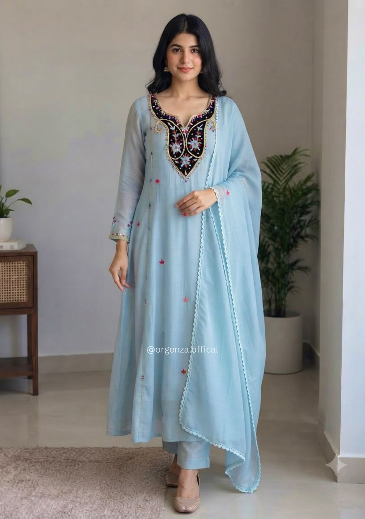 Blue Colour Mul Chanderi Embroidered Suit Set