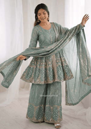 Fendy Silk Embroidered Palazzo Suit Set with Dupatta - Orgenza Store
