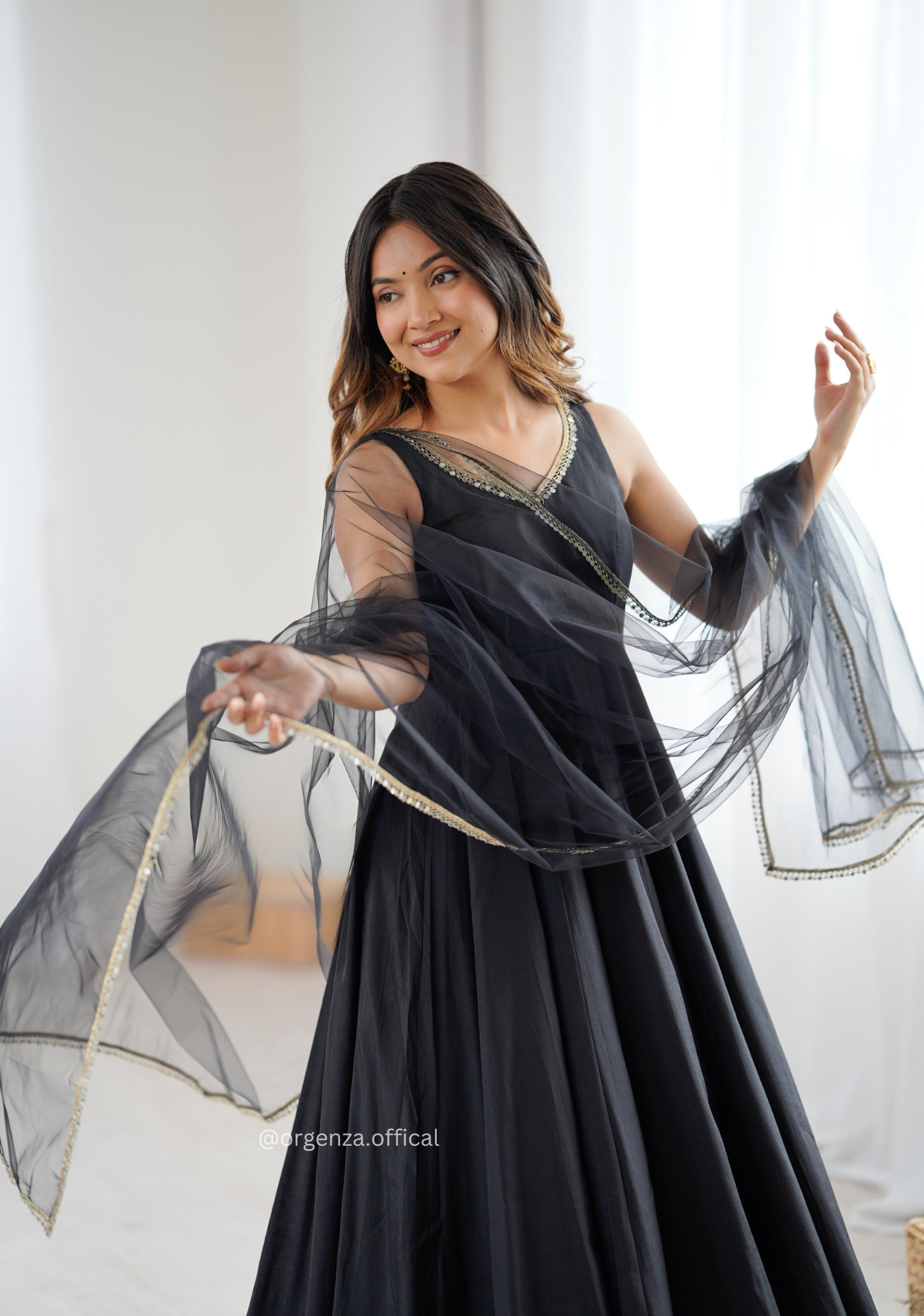 Black Colour Roman Silk Chanderi Plain Anarkali Kurti
