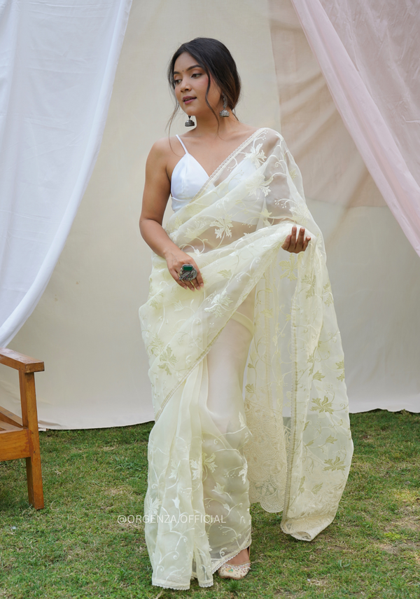 Light Yellow Organza Saree With Embroidery Work