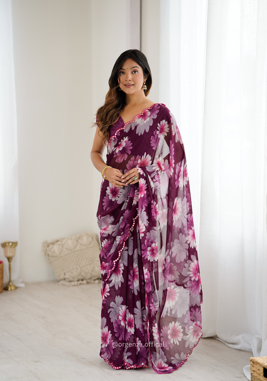 Purple Colour Georgette Printed Mirror Saree