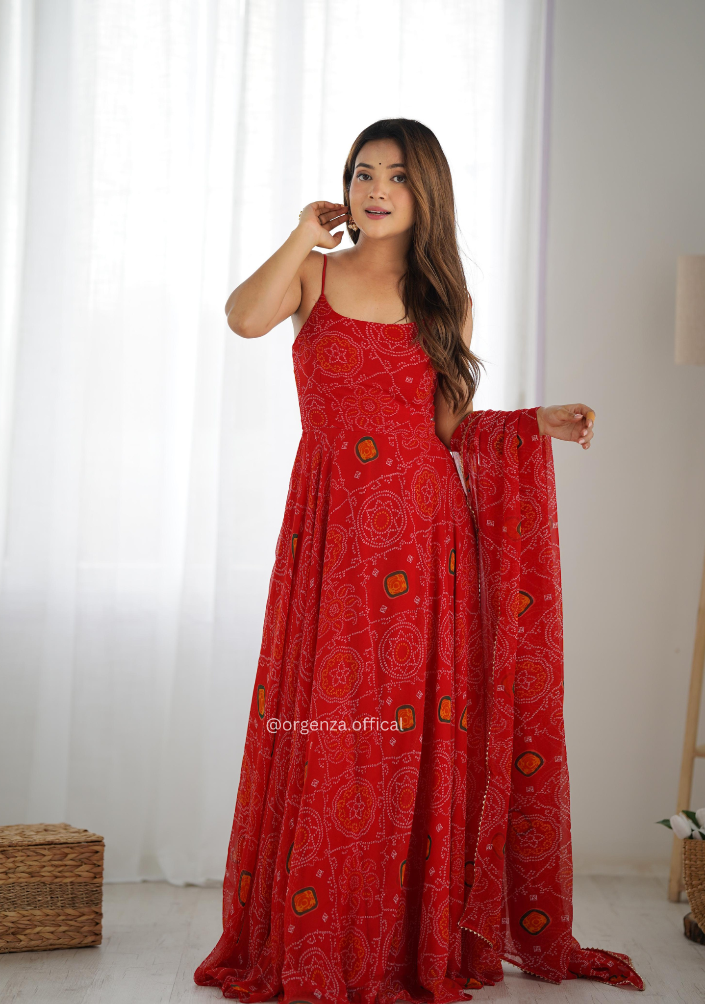 Soft Chiffon Bandhej 8-Meter Flare Gown Set – Fully Stitched