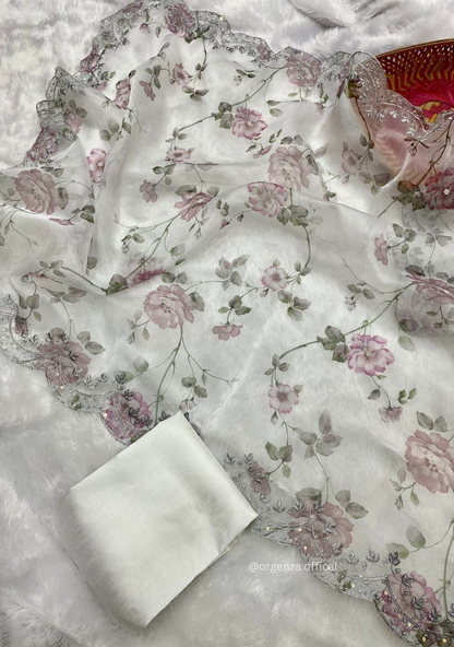 White Organza Saree With Sequences Work - Orgenza Store