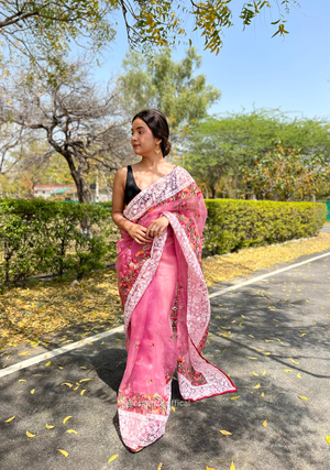 Pink Organza Saree With Chikankari Work - Orgenza Store - digisoch