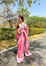 Pink Organza Saree With Chikankari Work