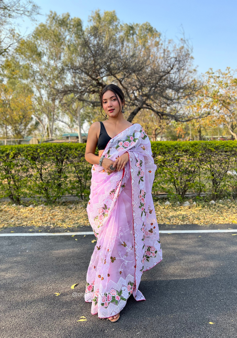 Lavender Colour Organza Saree With Kashmiri Thread Work