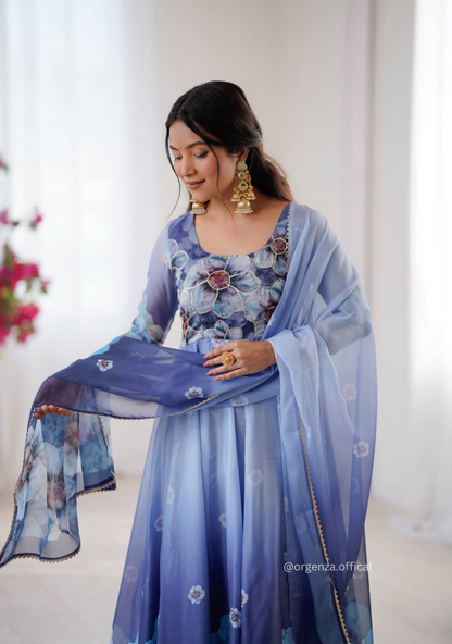 Grey Colour Organza Silk Digital Print Anarkali Kurtis