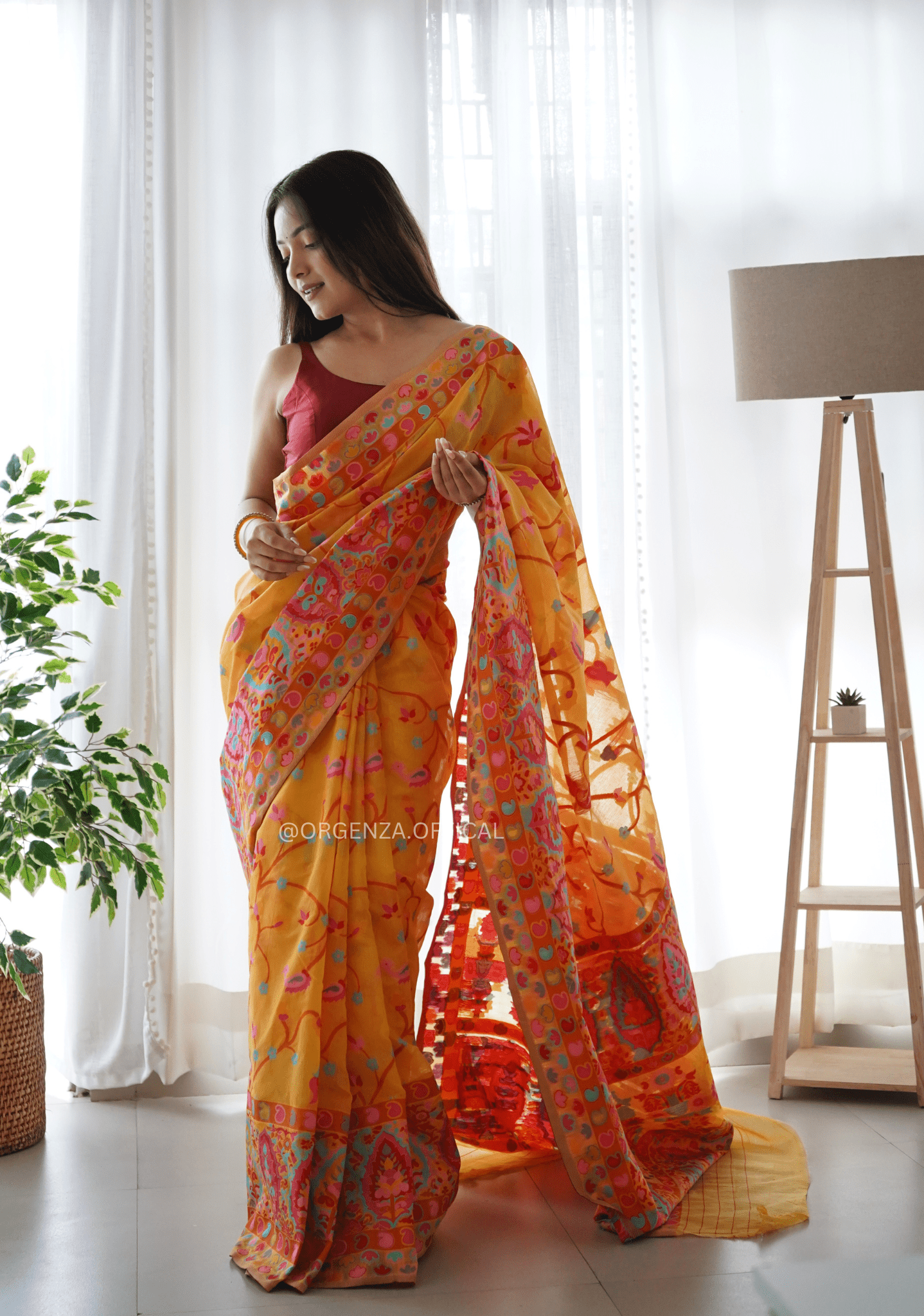 Haldi Yellow Slub Kashmiri Silk Saree - Orgenza Store - digisoch