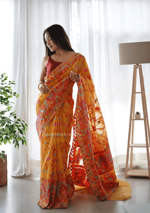 Haldi Yellow Slub Kashmiri Silk Saree - Orgenza Store - digisoch
