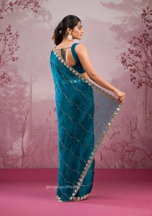 Blue Colour Jimmy Choo Saree With Mirror Work - Orgenza Store