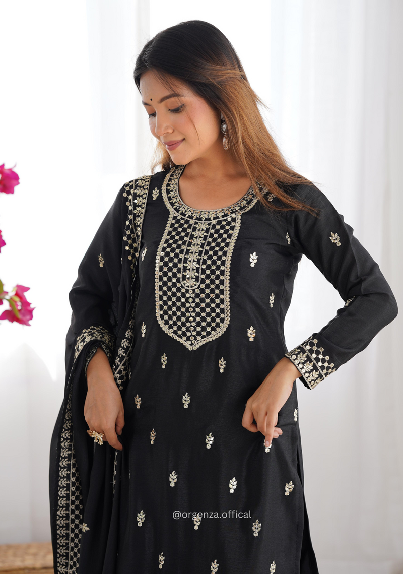 Chinon Silk Fabric Straight Fit Kurta With Dupatta Set