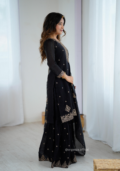 Black Colour Crunchy Silk Fabric Kediya Kurta With Dupatta Set