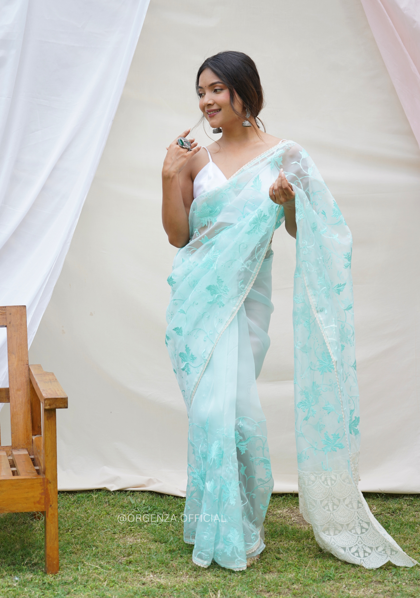 Light Teal Organza Saree With Embroidery Work
