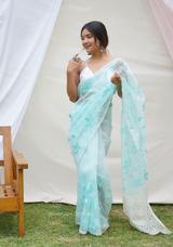 Light Teal Organza Saree With Embroidery Work