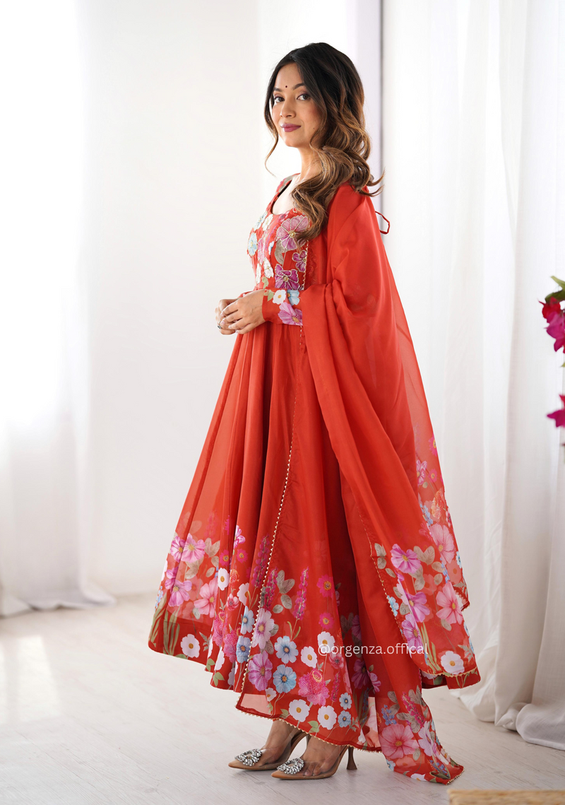 Floral Organza Anarkali With Dupatta And Pant