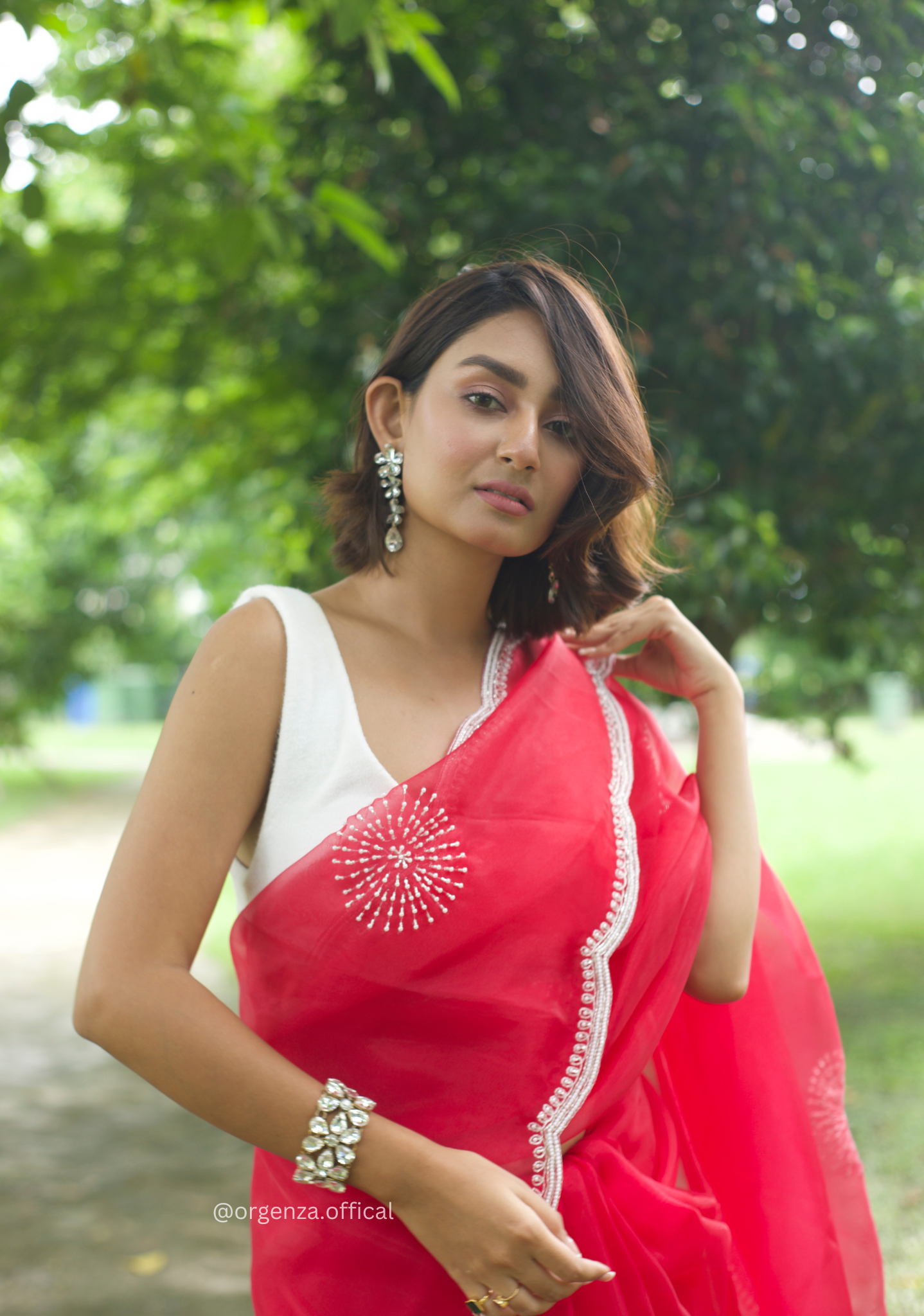 Red Colour Organza Saree With Hand Work - Orgenza Store