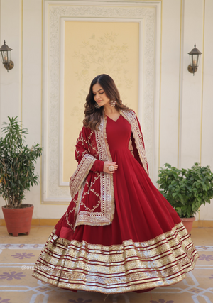 Maroon Colour Soft Fox Blooming Zari Sequins Gown - Orgenza Store