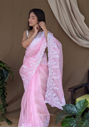 Organza Baby Pink Color Pure Organza Silk And Flower Embroidery Work - Orgenza Store