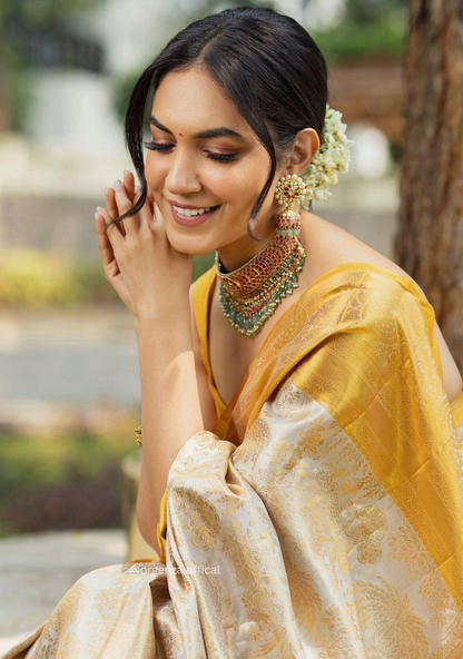 Yellow Colour Rich Pallu Saree Jacquard Zari With Blouse