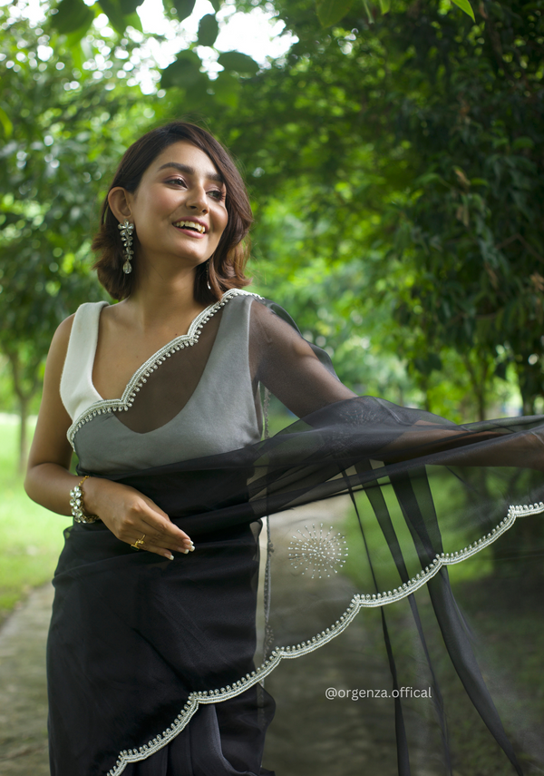 Black Colour Organza Saree With Hand Work