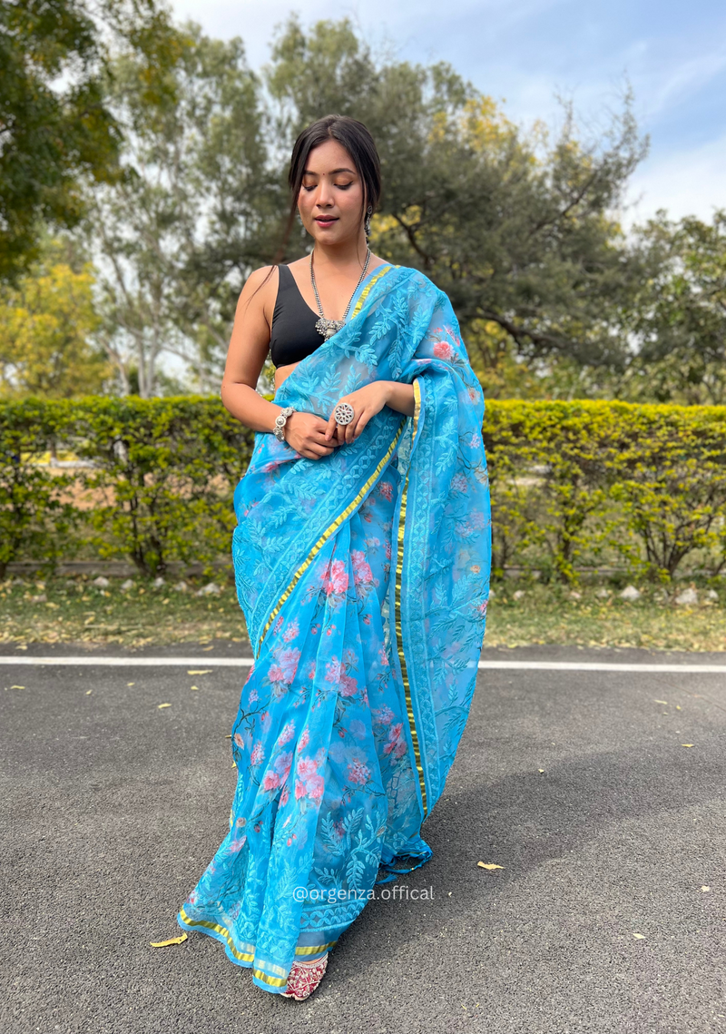 Sea Blue Colour Organza Silk Saree With Thread Work