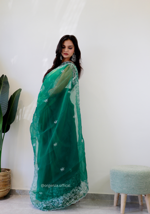 Bottel Green Colour Embroidery Thread Work Saree - Orgenza Store