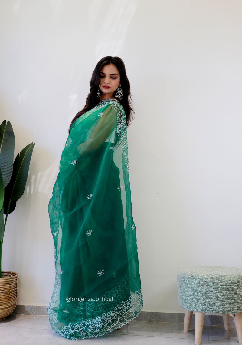 Bottel Green Colour Embroidery Thread Work Saree