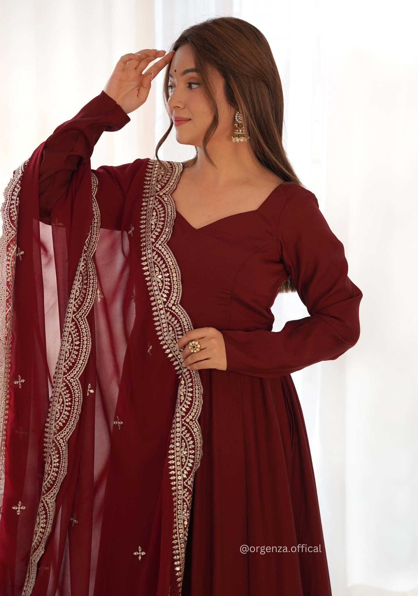 Maroon Colour Roman Silk Chanderi Plain Anarkali Kurti