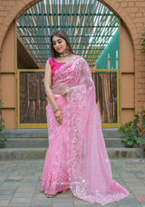 Baby Pink Soft Organza Saree With Sequence Work