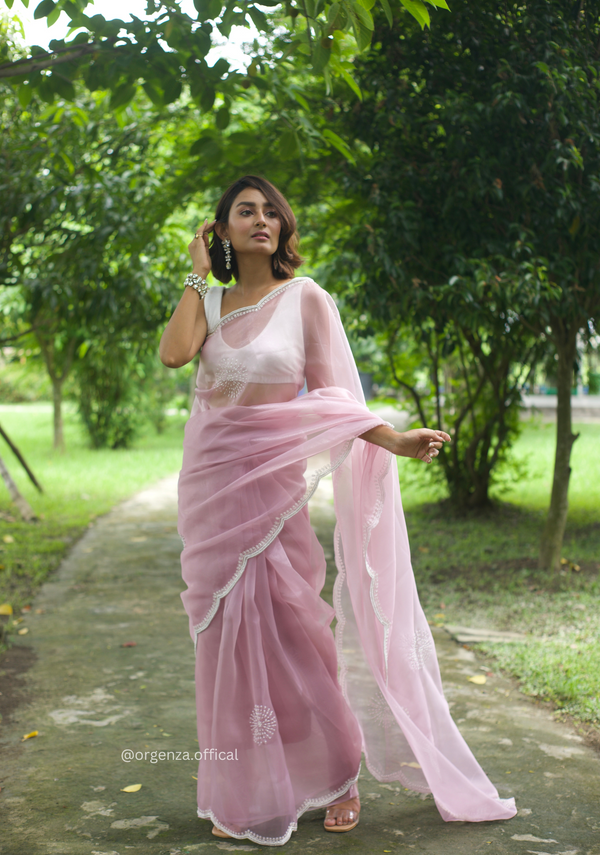 Baby Pink Colour Organza Saree With Hand Work
