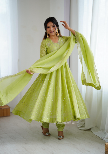 Pista Green Colour Crunchy Silk Anarkali Kurti