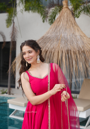 Pink Colour Roman Silk Chanderi Plain Anarkali Kurti - Orgenza Store