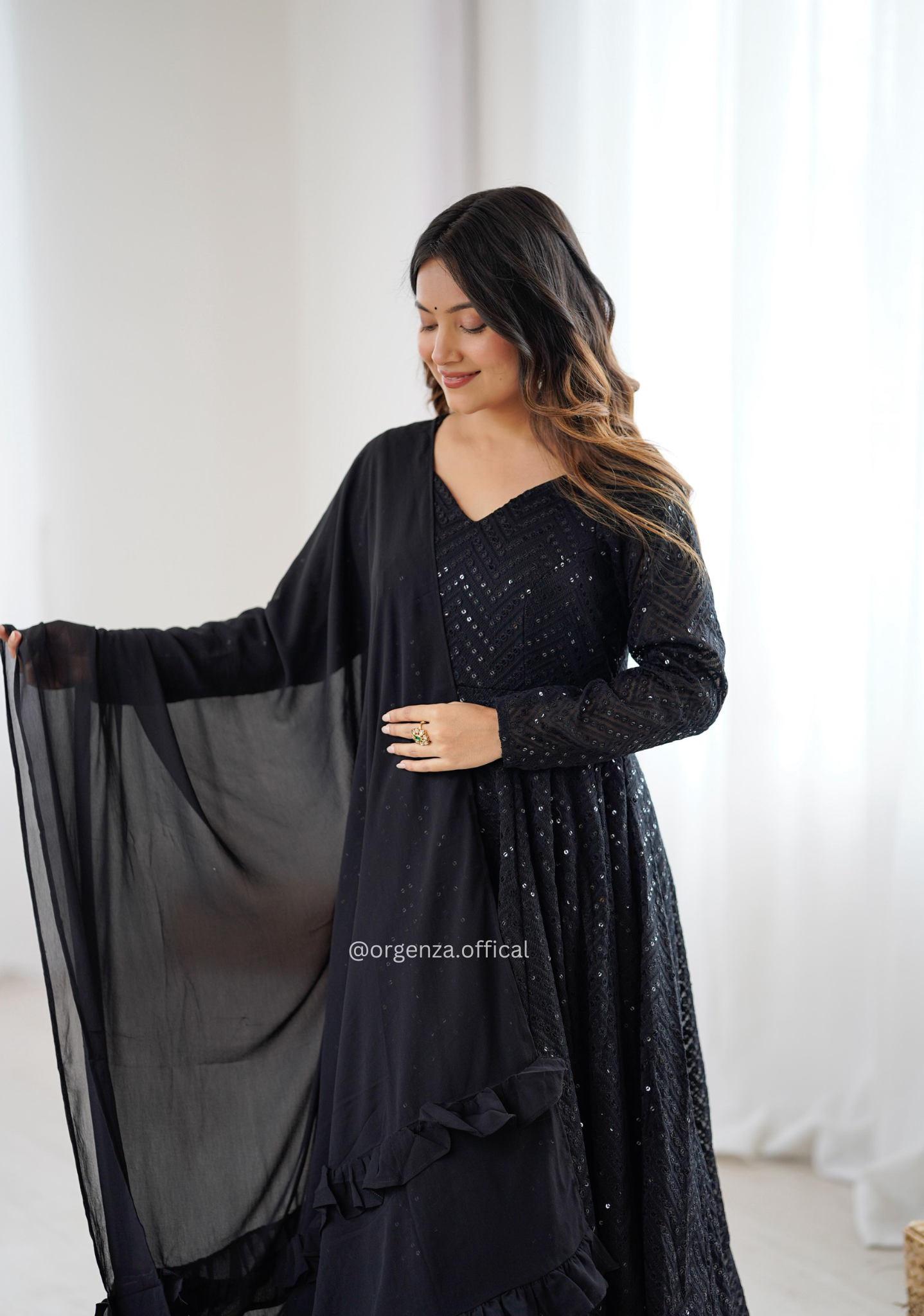 Black Fox Georgette Lucknowi Sequence Work Anarkali Suit Set