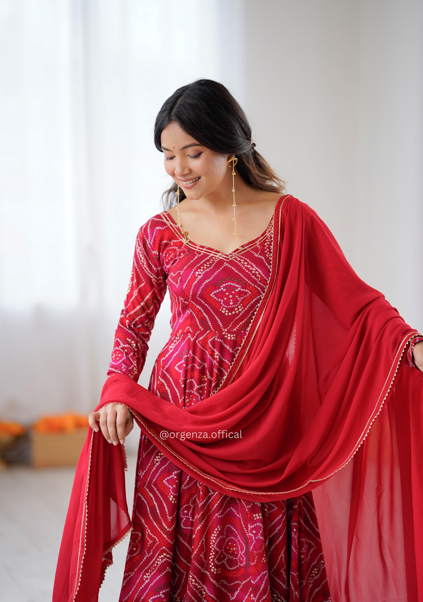 Pure Rayon Bandhani Gown Set with Dupatta & Pant | Women’s Party Wear