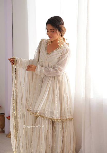 Off White Colour Kediya Sharara Palazzo Fully Stitched Kurti