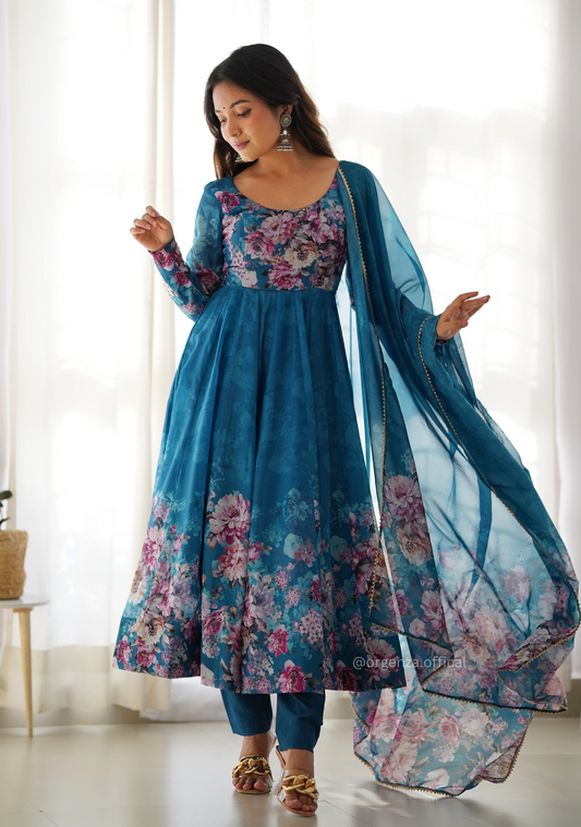 Pure Organza Anarkali Kurtis With Floral Print - Orgenza Store