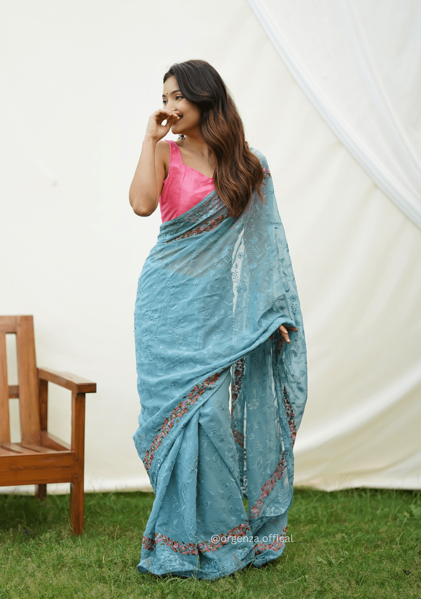 Sky Color Embroidery Work Heavy Georgette Silk Saree With Running Blouse - Orgenza Store - digisoch