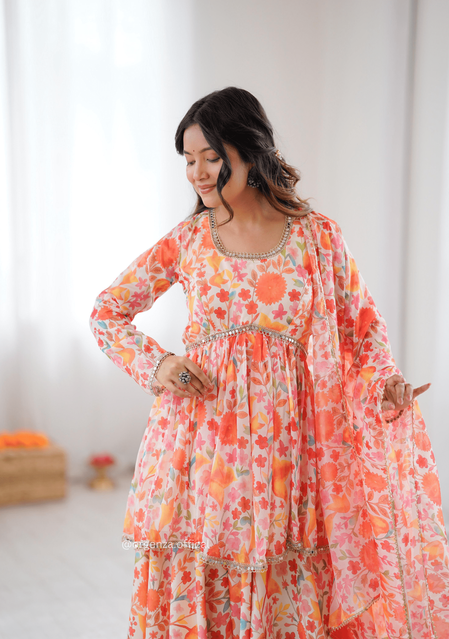 Orange Multi Colour Organza Kediya Type Kurti With Palazzo Set - Orgenza Store - digisoch
