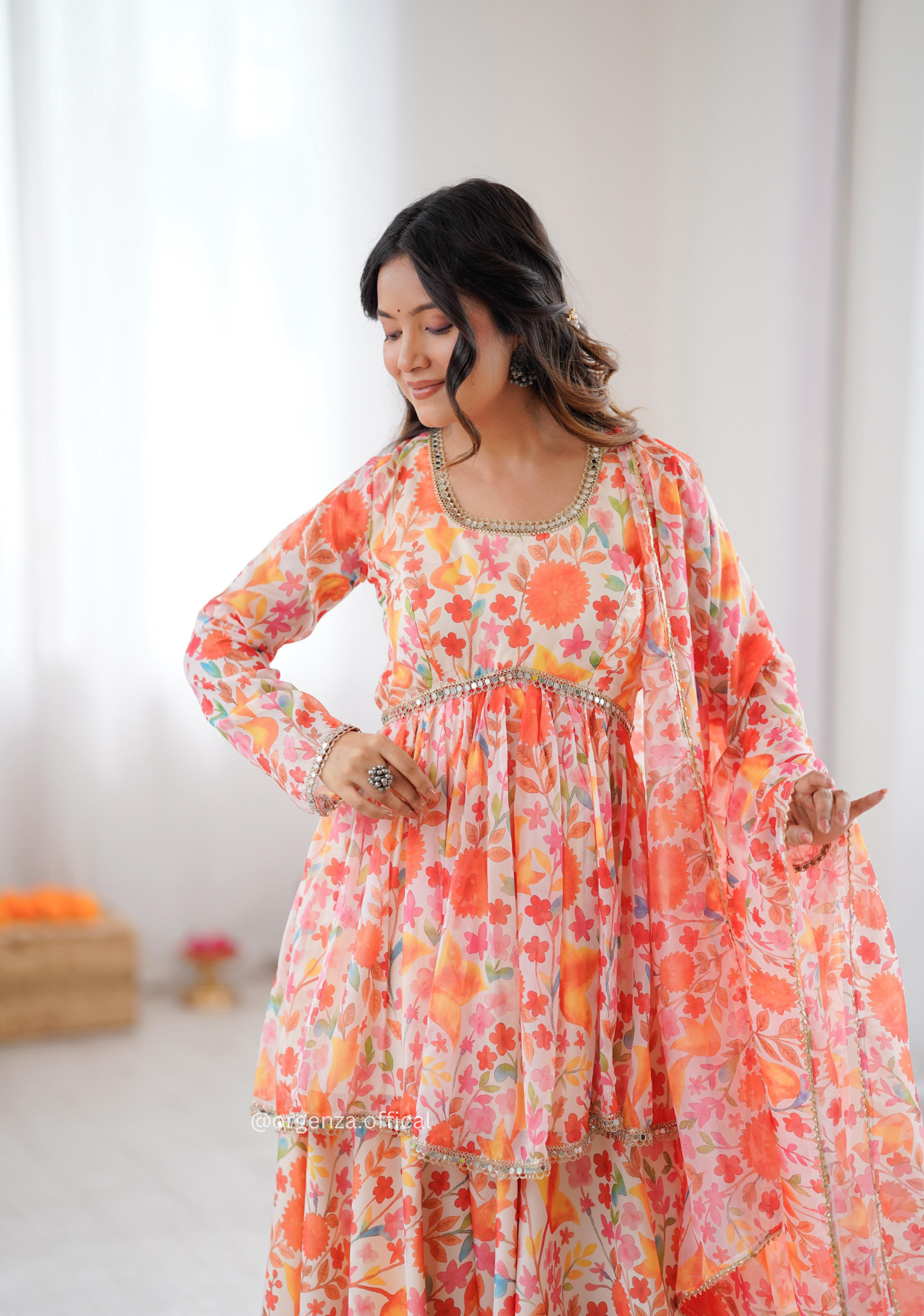 Orange Multi Colour Organza Kediya Type Kurti With Palazzo Set