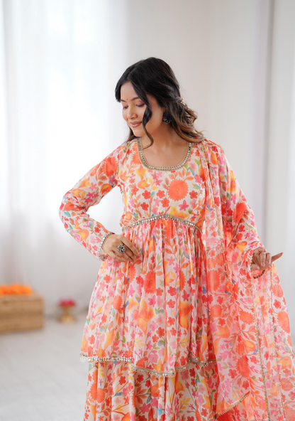 Orange Multi Colour Organza Kediya Type Kurti With Palazzo Set