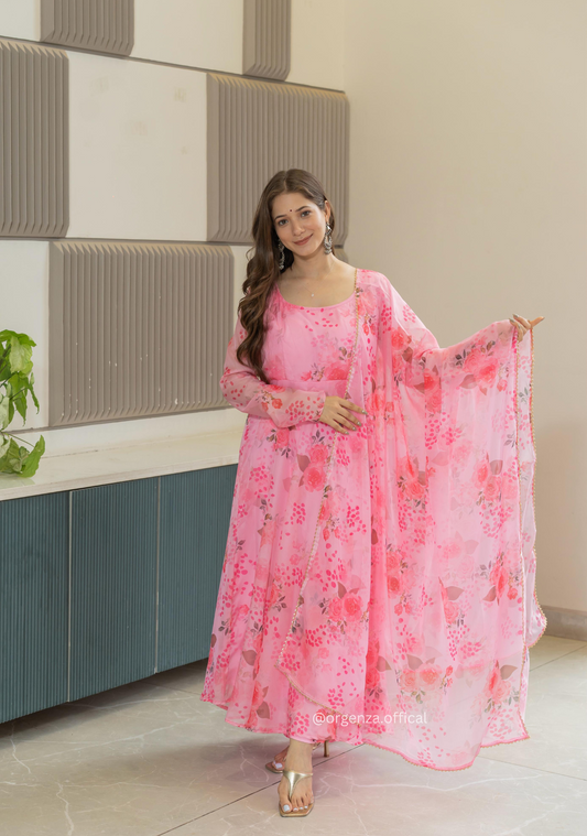 Baby Pink Colour Pure Organza Silk Floral Anarkali Kurtis