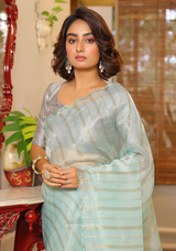 Sky Blue Organza Saree With Weaved Work